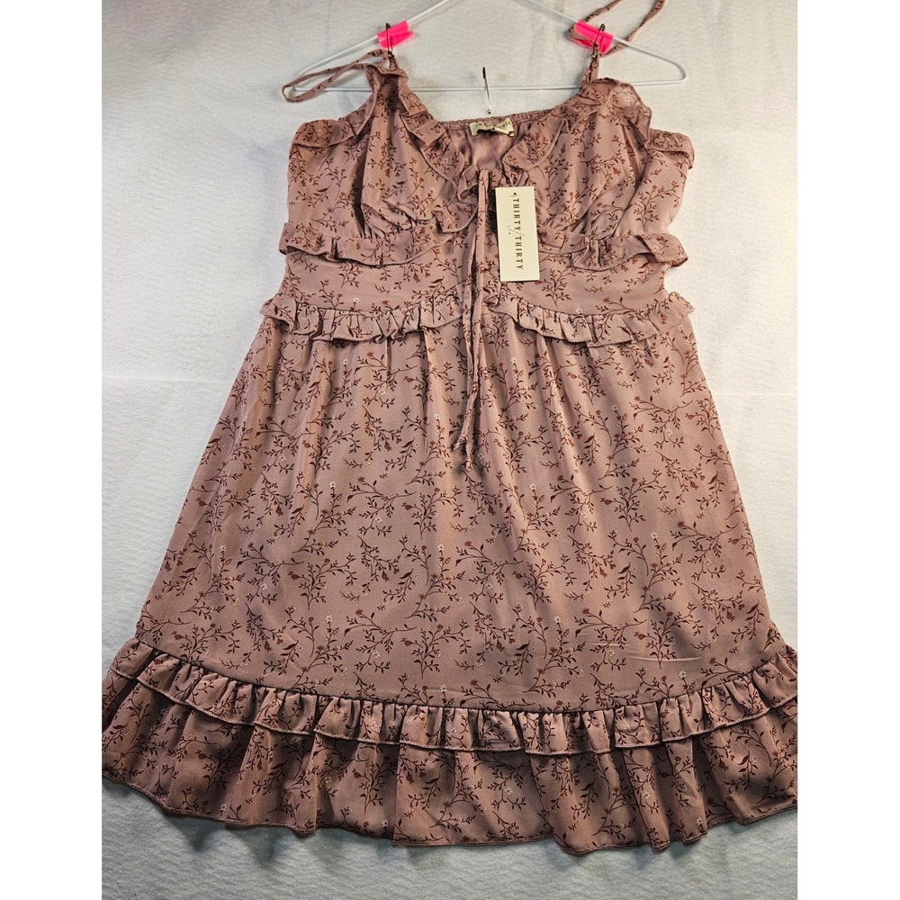 Thirty Thirty LA Womens XL Floral Ruffle Mini Dress Mauve Pink Tie Neck NWT